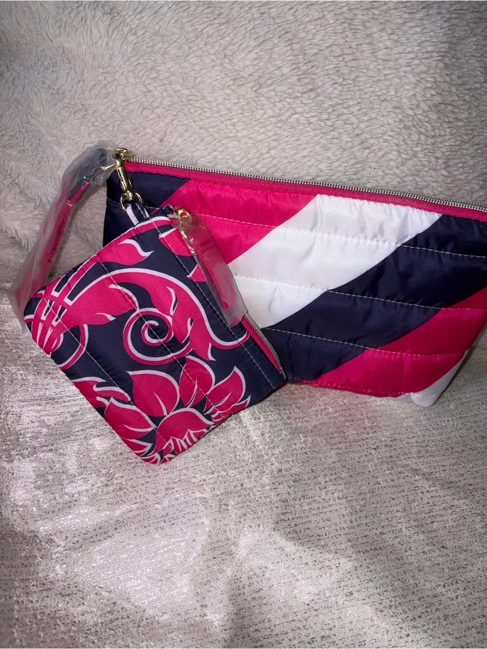NWT Estée Lauder 2-Piece Puffy Quilted Cosmetic Bag Set – Pink & Navy Floral